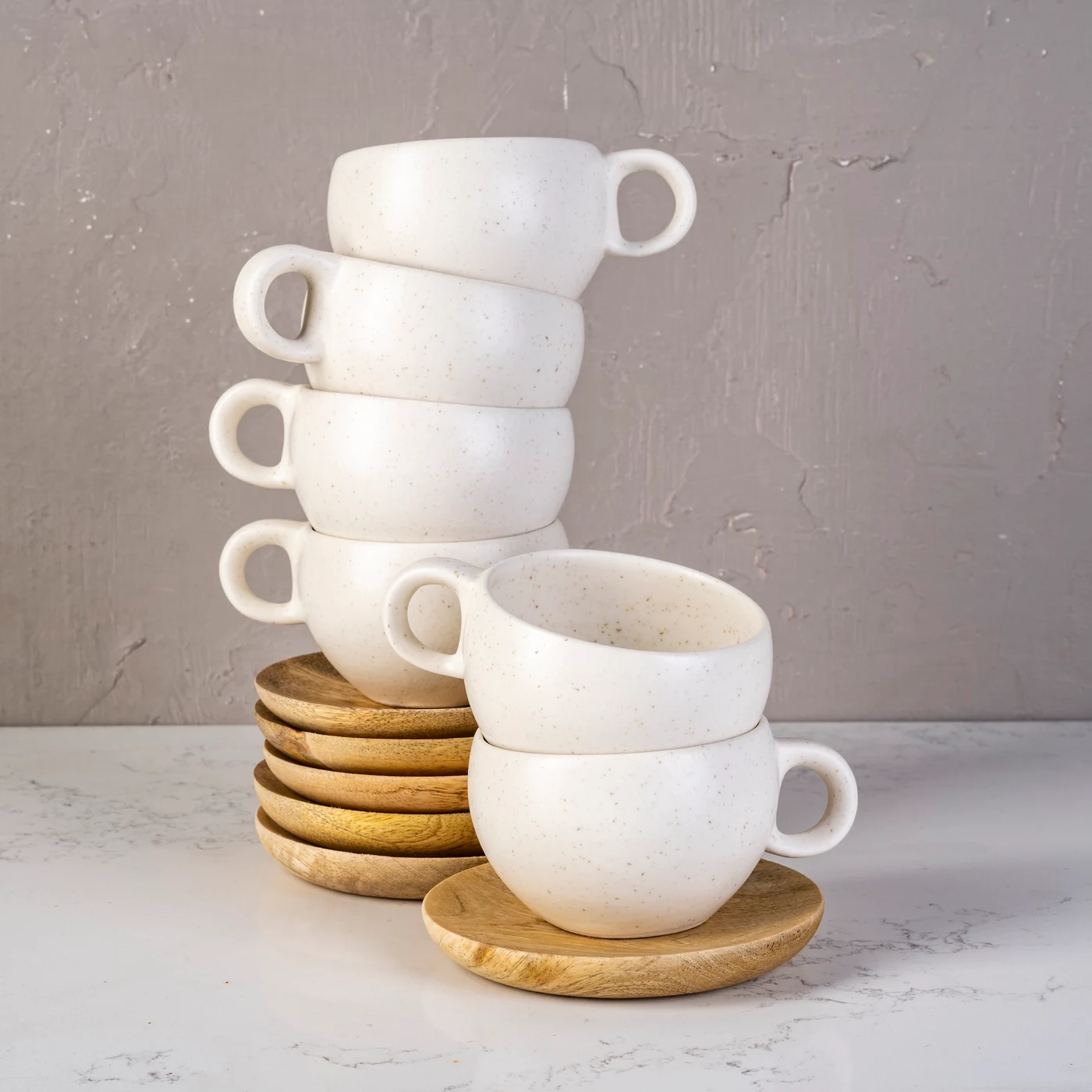 Orbit medium mug + wooden saucer set of 6 – Toasted cream