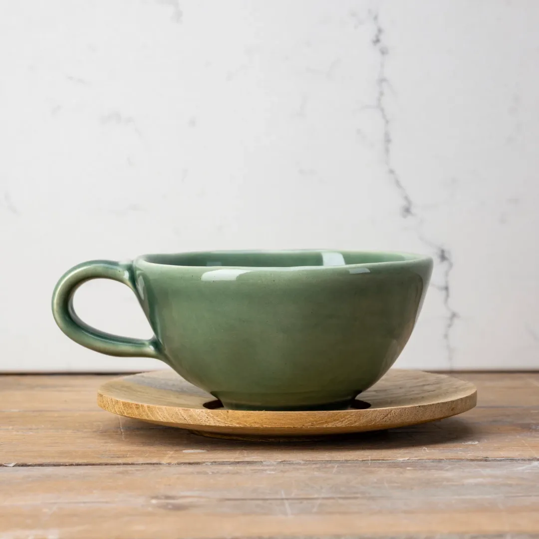 Wonky Cup & Wooden Saucer milk - Wonky Cup Burnt Sage